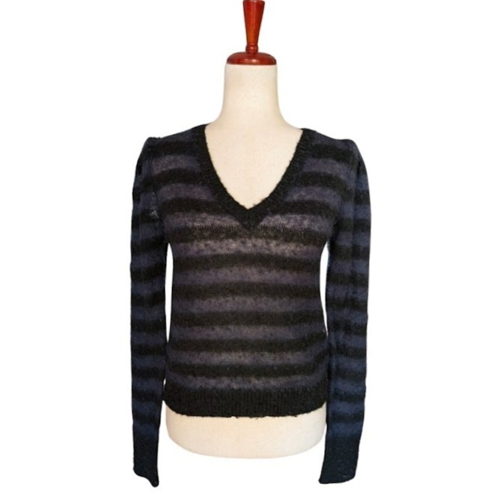 Dondup Mohair Blend Striped V-Neck‎ Sweater Black and Blue Slim Fit Size Small